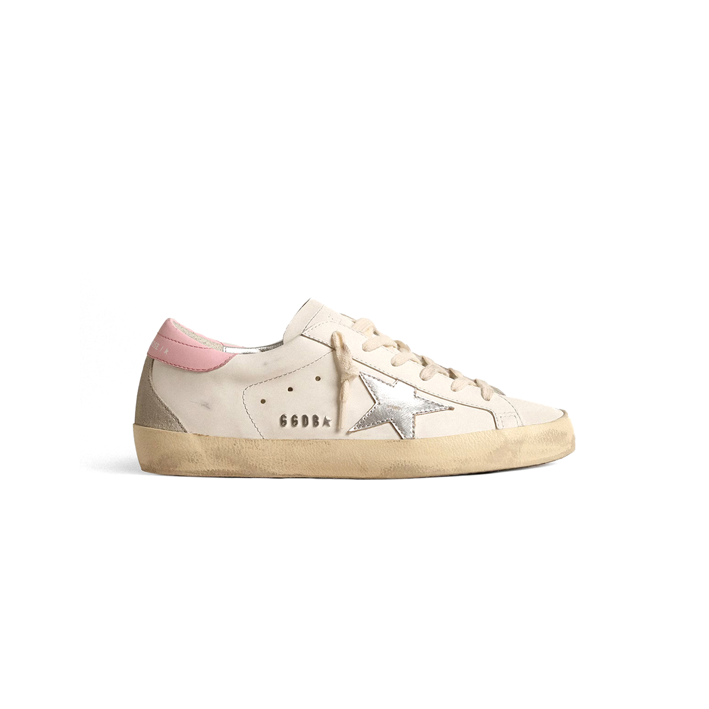 GOLDEN GOOSE WOMEN'S SUPER-STAR WITH SILVER LEATHER STAR AND PINK HEEL TAB GWF00102 GOLDEN GOOSE WOMEN'S SUPER-STAR WITH SILVER LEATHER STAR AND PINK HEEL TAB GWF00102